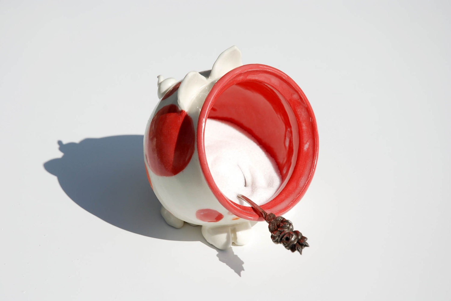 Red Orange and white Ceramic Salt Pig IN STOCK