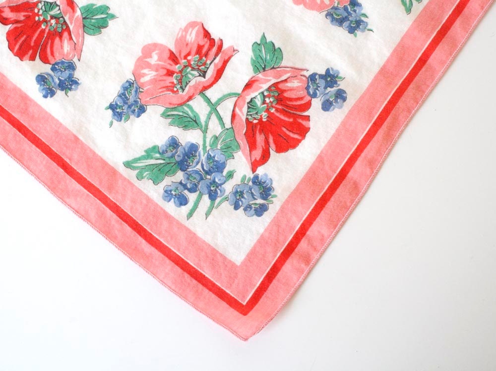 Vintage floral handkerchief in salmon, pink, blue, green, roses