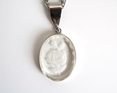 Vintage carved rose necklace, looks like etched glass, silver chain