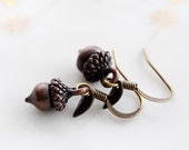 Coffee Brown Acorn Earrings Oak Tree Nut Tiny Leaf Earrings Woodland Chocolate Brown Earrings - E254