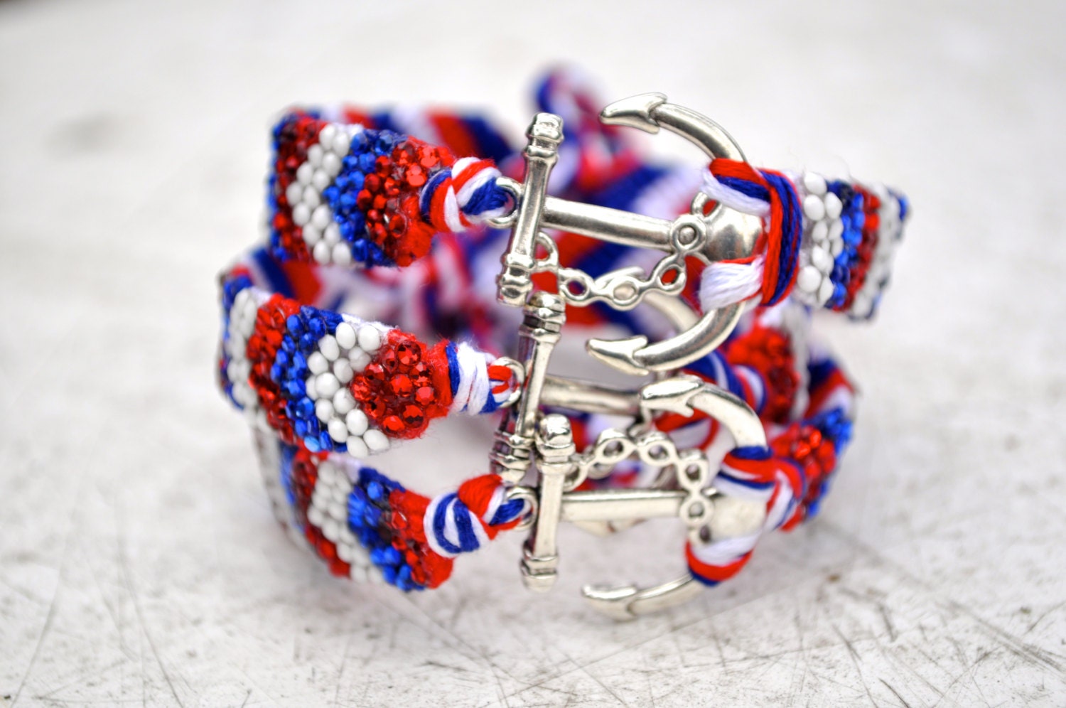Red White and Blue Crystal Friendship Bracelet with Silver Anchor Charm