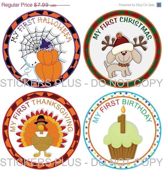 SALE First Birthday Holidays Baby Onesie Stickers Boy or Girl - Christmas 1st Birthday Halloween Easter Thanksgiving and More