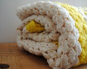 Vintage Crochet Knit Afghan Blanket - White Cream Yellow Blanket Throw