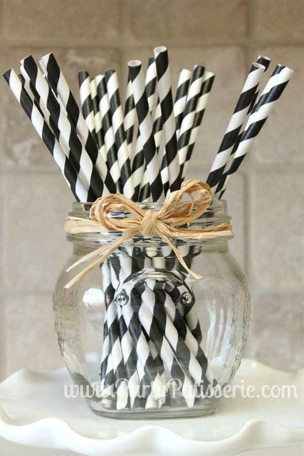 25 Black and White Striped Paper Party Straws