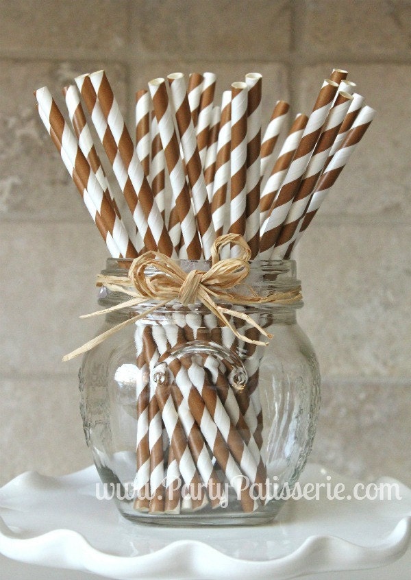 25 Brown and White Stripe Paper Party Straws