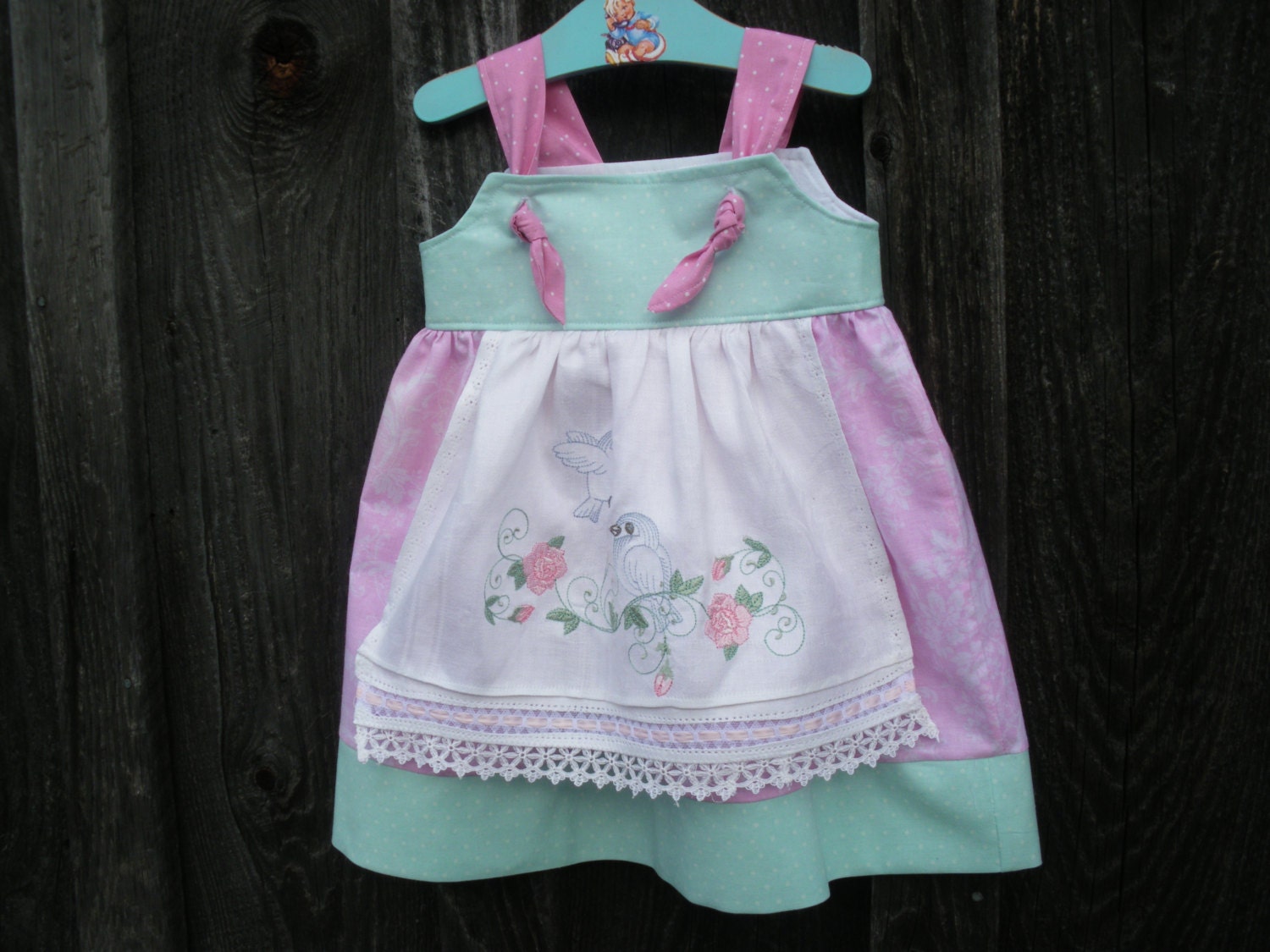 girls apron knot dress pink aqua birds,  available to order 1T,2T, 3T,4T,5t