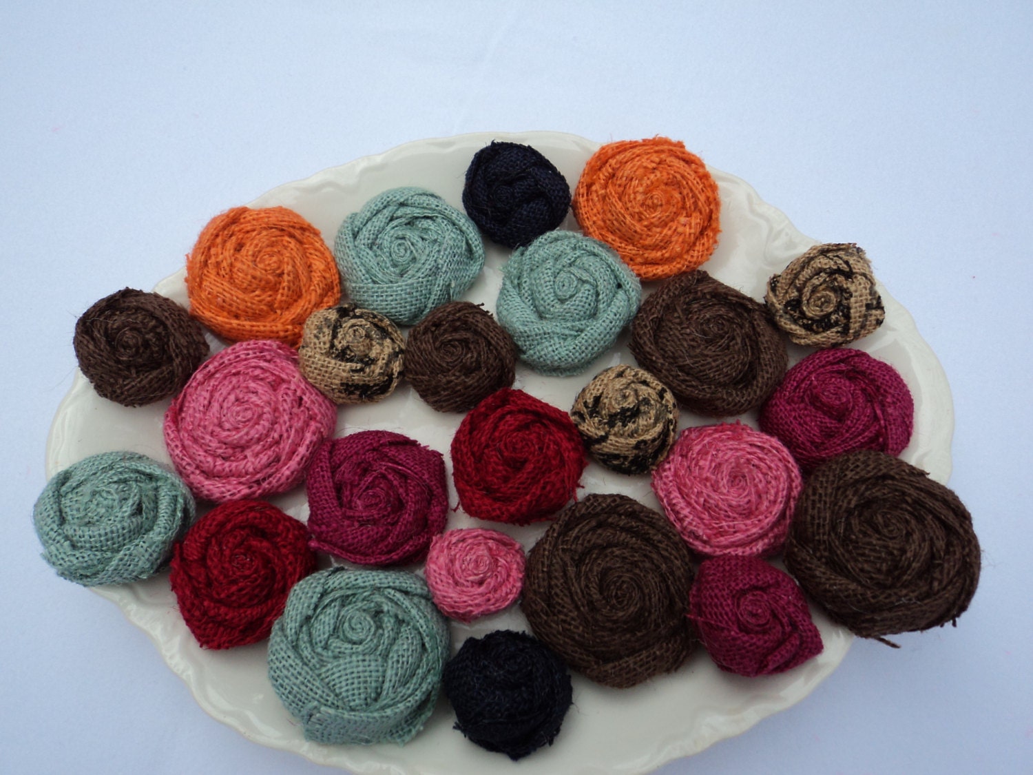 One Dozen Burlap Rosettes Colored Mix Burlap Flowers
