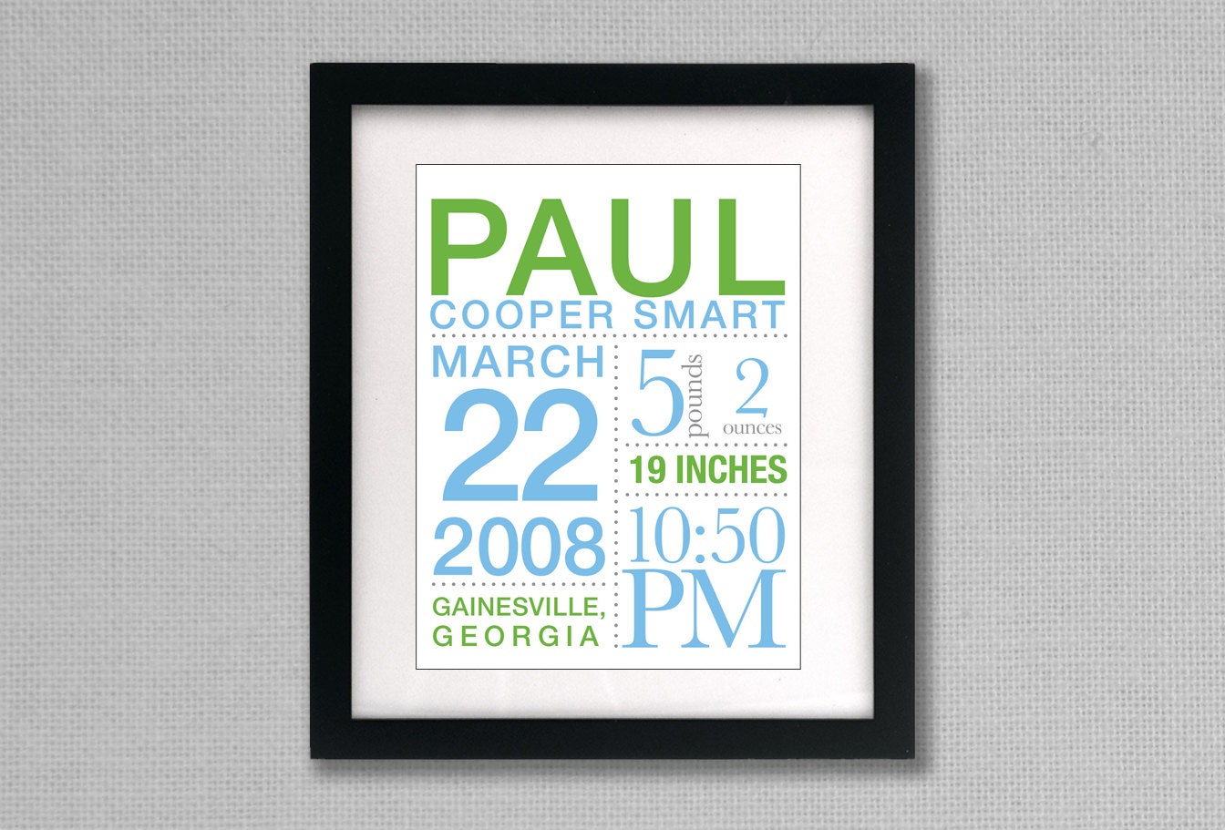 Personalized Birth Announcement Poster with Stats: 11x14 inches