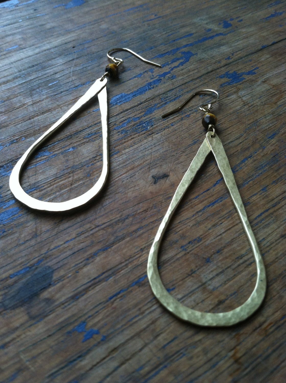 Long Rustic Hammered Brass Teardrop Hoops