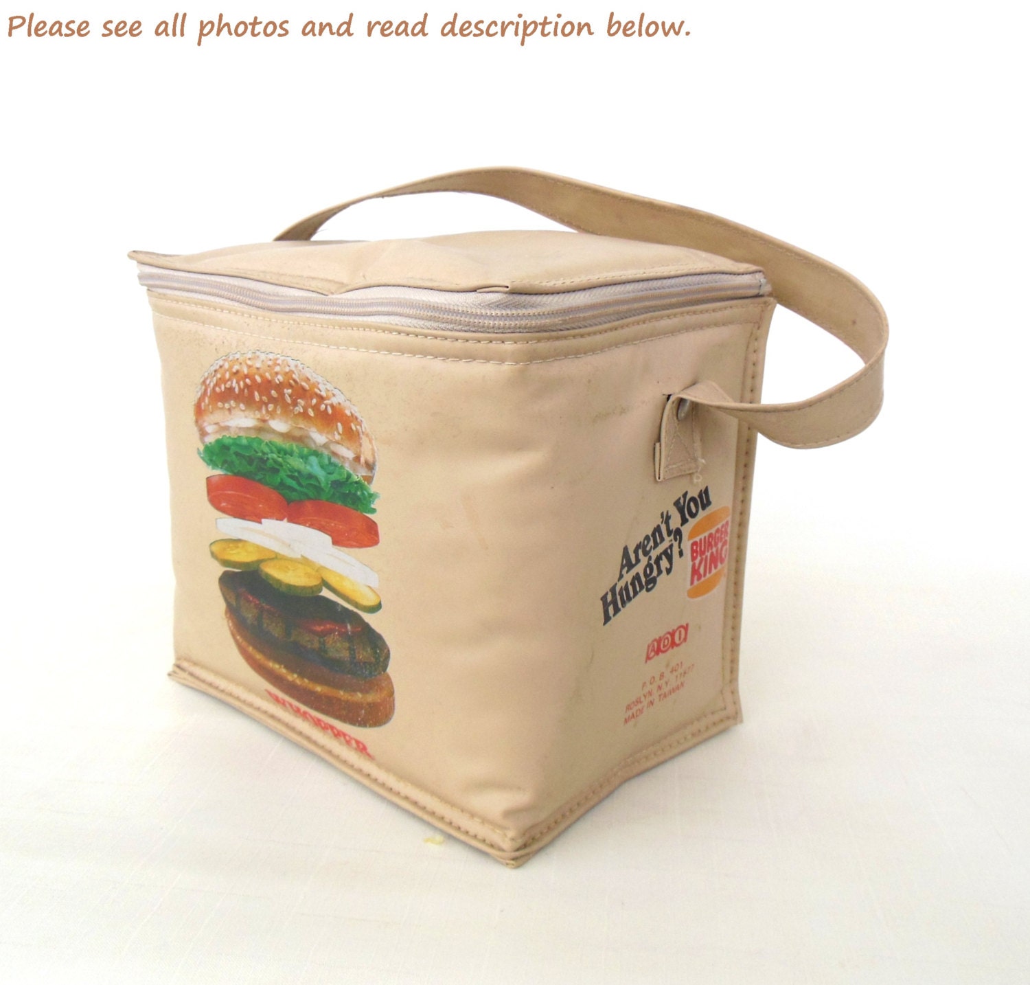 Burger King Vinyl Cooler Vintage Lunch Bag Tote - 1980s Whopper