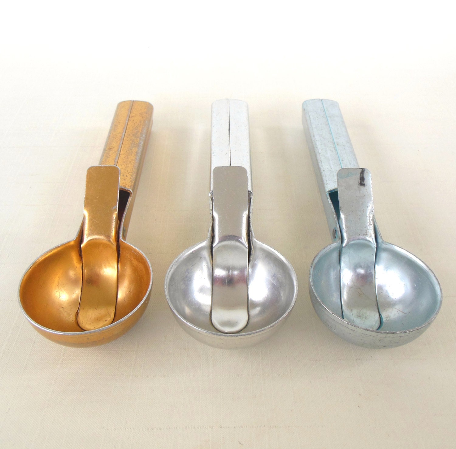 Eichin Ice Cream Scoops - Gold, Silver, Blue Aluminum - Vintage 1950s