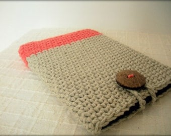 Kindle Paperwhite Cover Crochet Kindle Sleeve in Color Block Coral and Beige Cotton