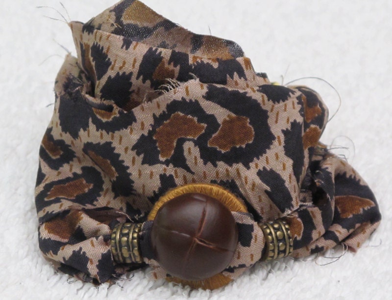 Sari Silk Whirly Wrap bracelet in leopard cheetah print with brown leather button animal print silk secure magnet