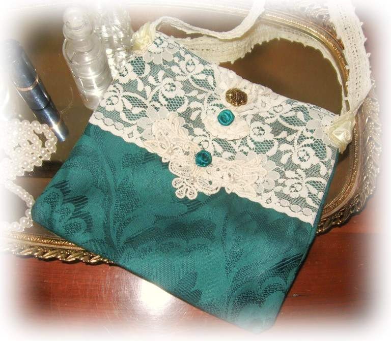 Small Handbag, Makeup Bag, Purse, Evening Bag, GREEN DAMASK, Vtg ...