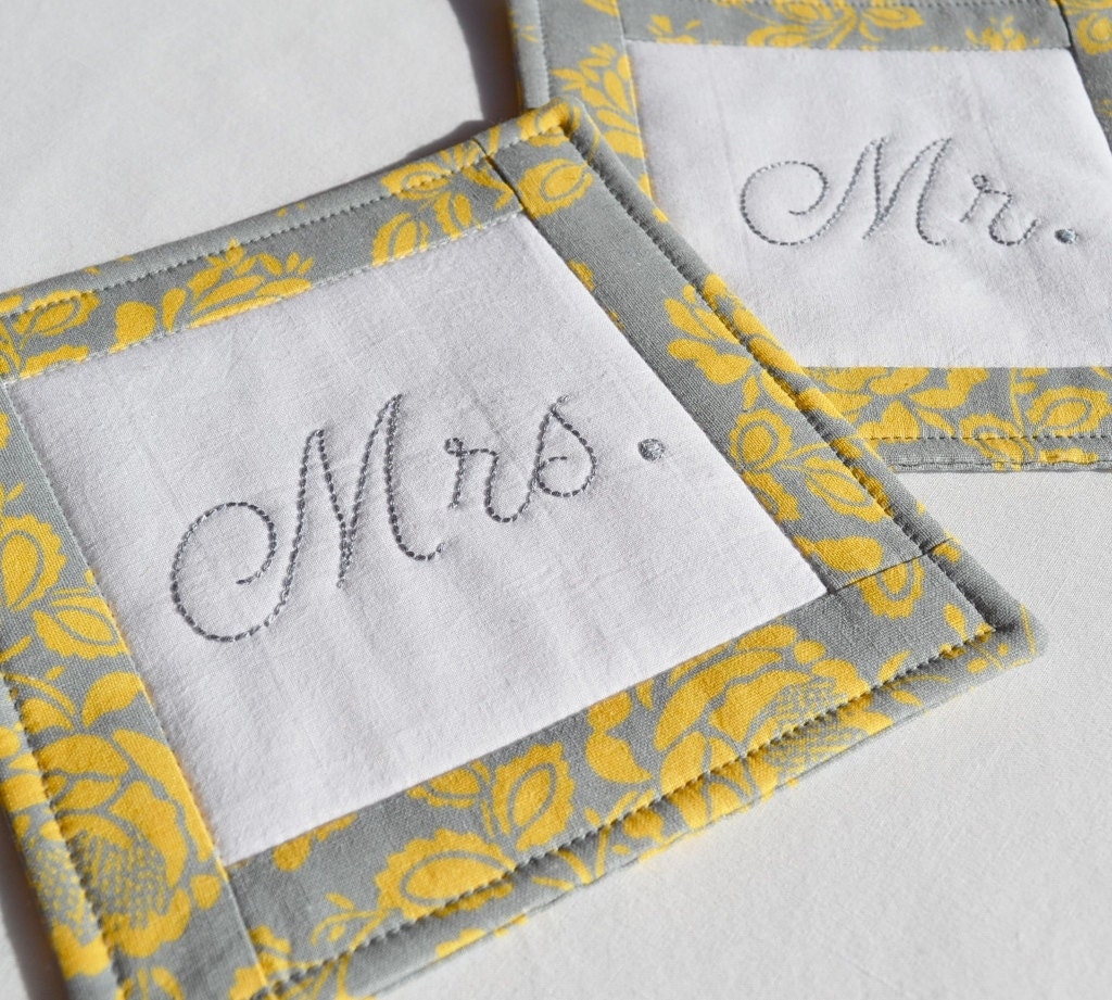 Mr. and Mrs. Wedding Coasters - Mug Rug - Home Decor - Gray - Yellow - Flower - Hand Stitched
