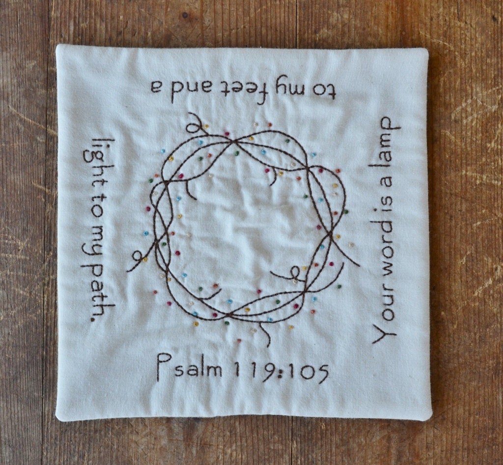 Religious Candle Mat - Bible Verse - Scripture - Psalm 119 - Bittersweet Wreath - Hand Stitched - Home Decor - Leaves
