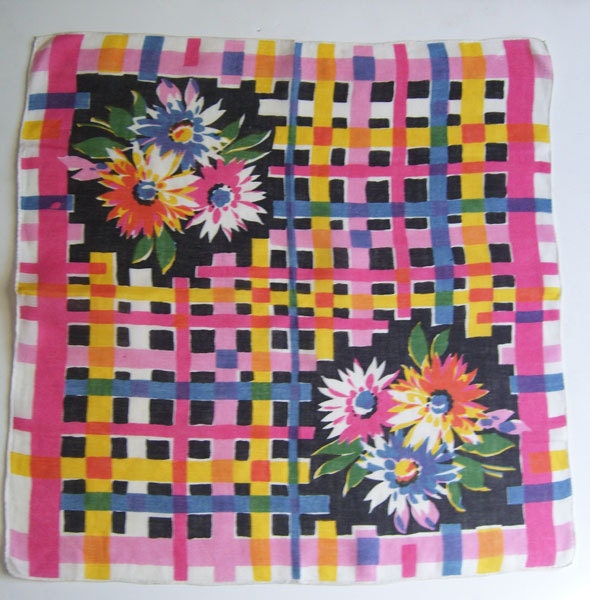 Vintage Pink Yellow Black White Floral Flowers Geometric Hankie