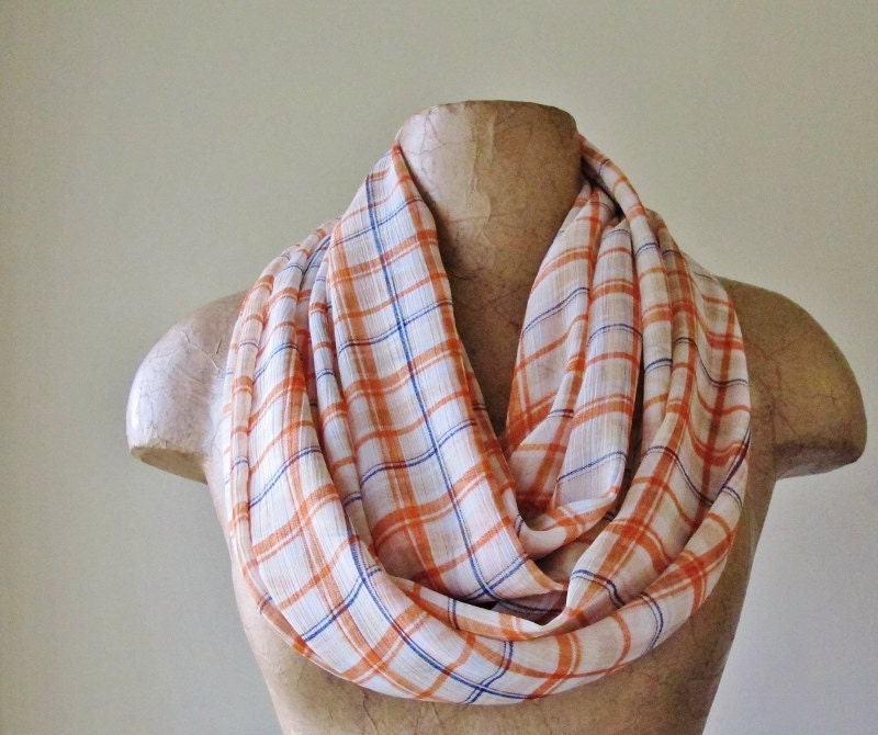 Plaid Infinity Scarf - Sheer Orange, Blue, White Loop Scarf - Chiffon Circle Scarf - Summer Scarf - Lightweight Spring Scarf