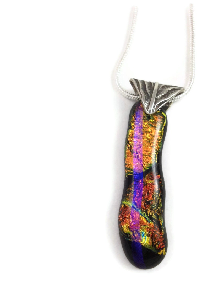 Fused Dichroic Glass Necklace Black Orange and Gold 925 Sterling Bail & Chain