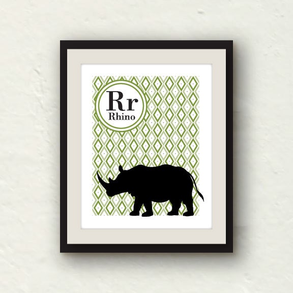 Nursery Decor - R is for Rhino - Green nursery - 8x10 Graphic Art Print - PaperFinchDesign