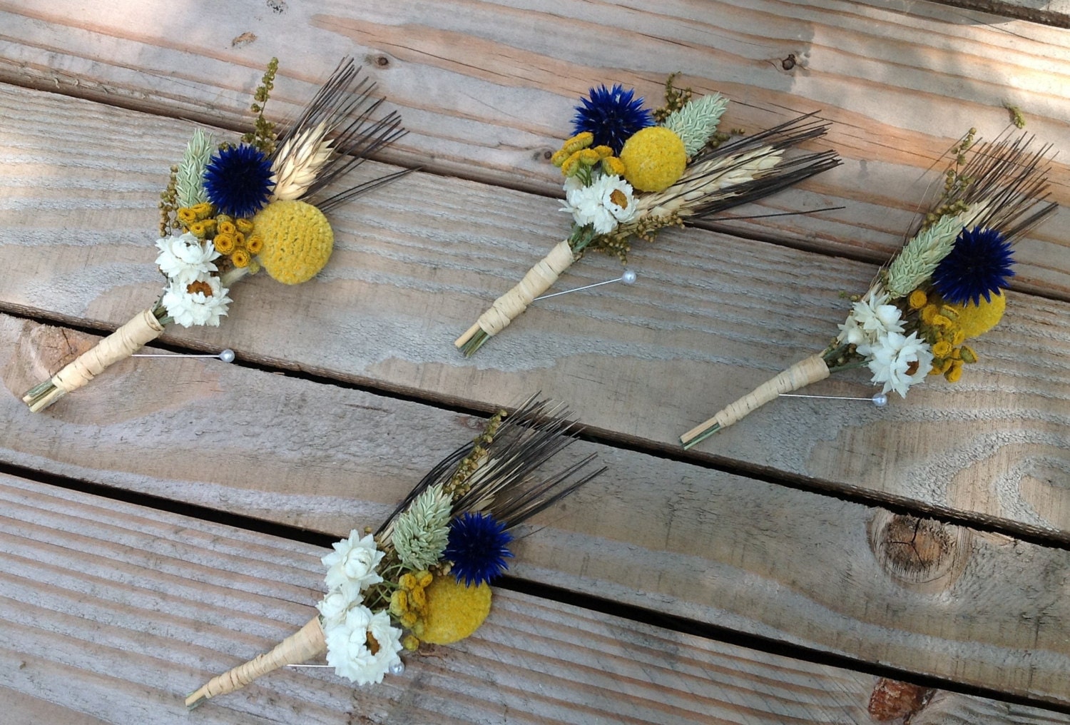 Sunny Blues Collection - Boutonniere - Groom or Groomsmen Boutonnieres - Dried wedding flowers - Blue golden yellow craspedia blue thistle