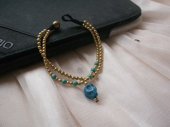 2 in 1 chains Blue turquoise skull pendant gold brass beads  bracelet new collection