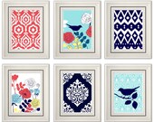 Set of Six Modern/Vintage Coral/Turquoise Wall Art - 8x11 Print Set - Home Decor - For Home (Unframed)