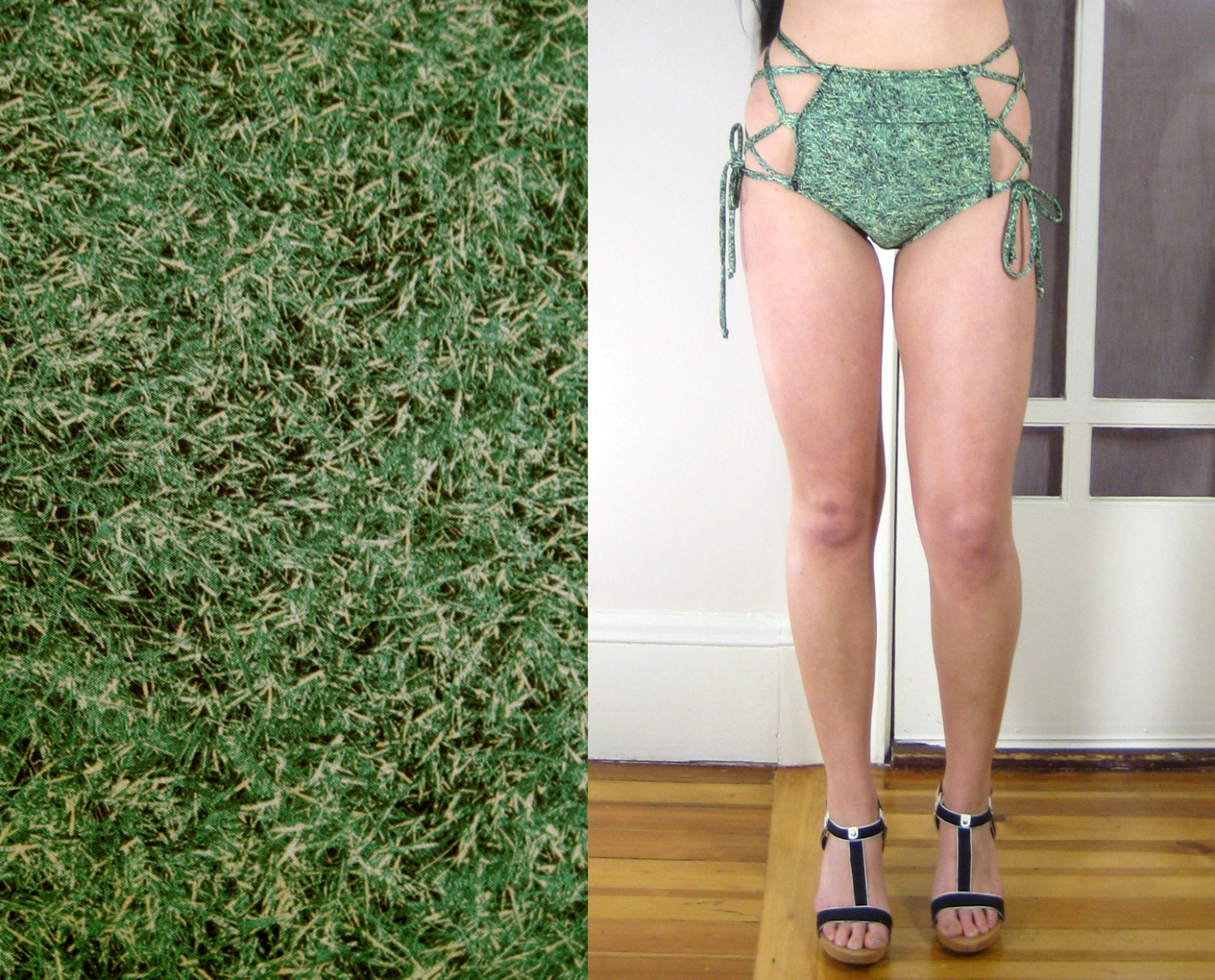 HIGH WAIST BIKINI - lace up sides, fully adjustable, full coverage bottom, grass print, green, plus size bikini, vintage style, pinup, retro