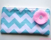 Chevron Aqua & White pouch with pink organza flower
