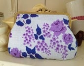 Retro vintage 1950s style  double kiss lock coin purse upcycled purple flowers roses