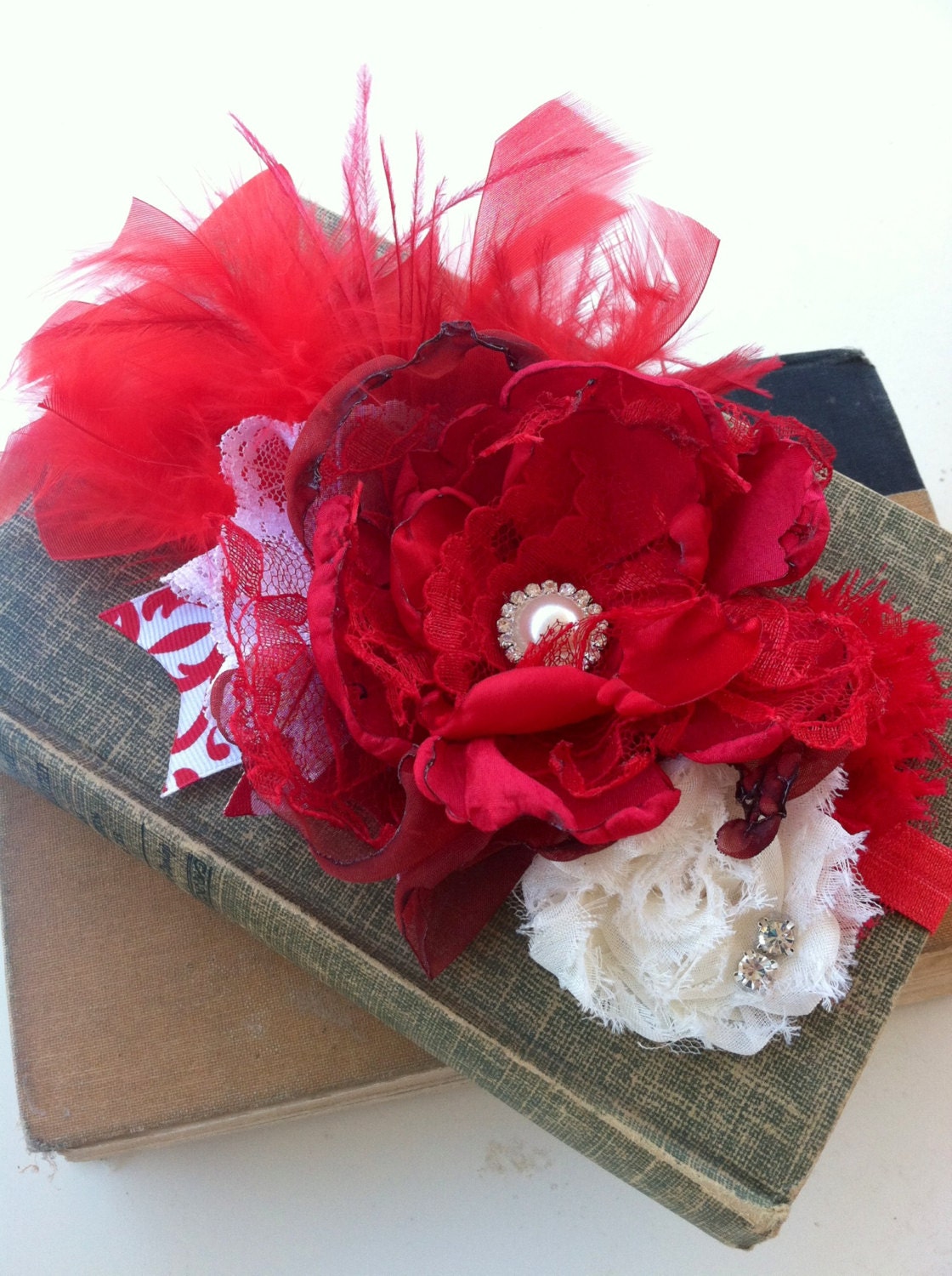 Red Roses by NEVER NOLA red and white flower bow on stretch band valentines christmas