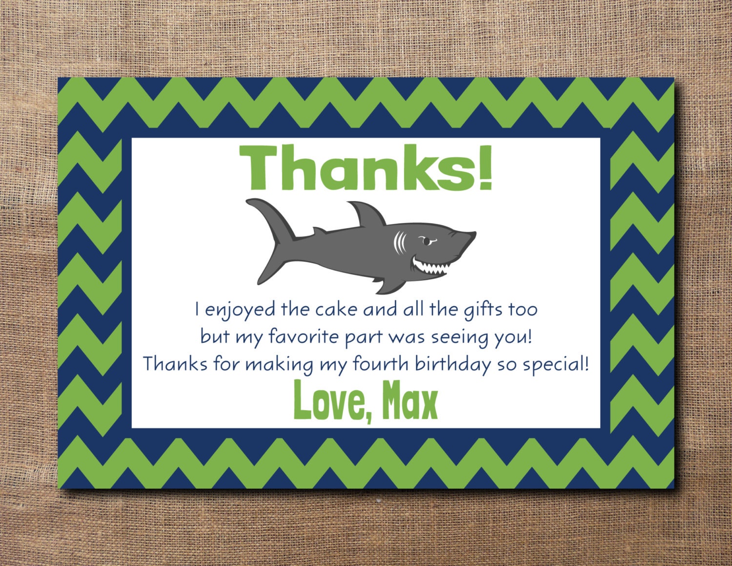 Custom Printable Chevron Shark Attack Thank You Card