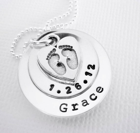Mom Necklace - Personalized New Baby - Footprints - Baby Feet Heart Charm - Sterling Silver - Name Date