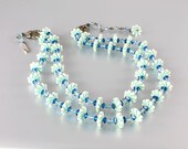 Vintage Sapphire Blue crystal Flower glass Necklace summer spring