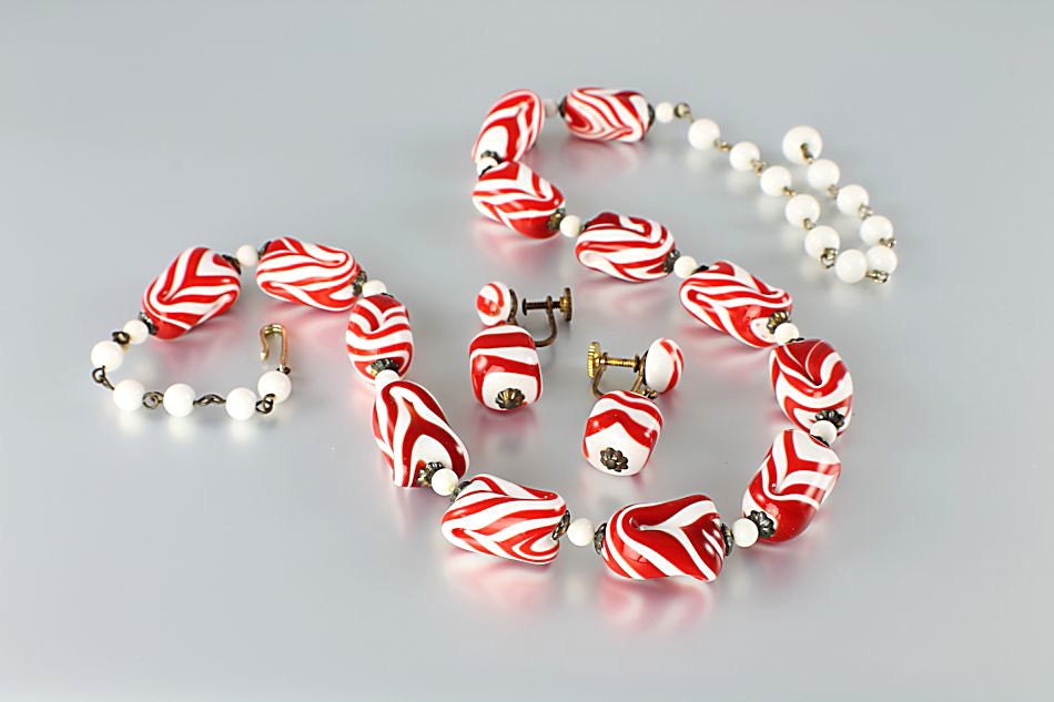 Vintage Red White Chevron glass Necklace Earrings set Japan 1950s jewelry