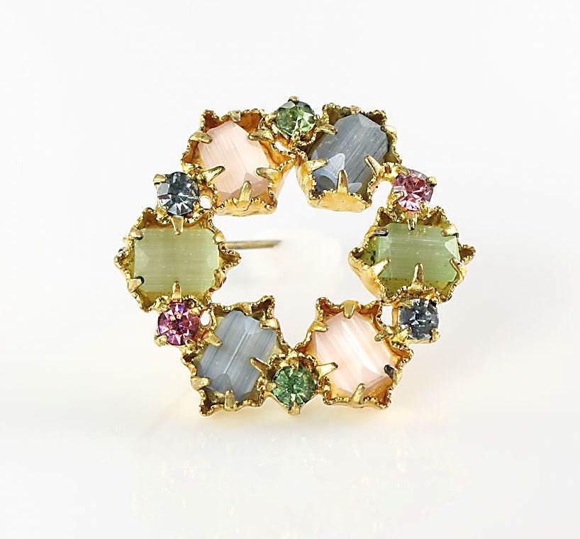 Vintage Czech rhinestone Satin Glass Brooch pastel colors
