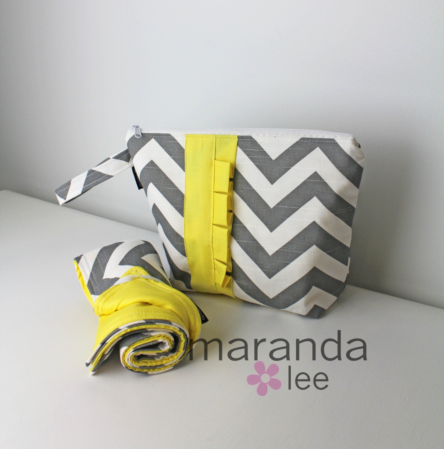 Zippered Chevron Travel Diaper Bag and Changing Pad Set - Gray Chevron and Yellow Ruffle Accent - Travel Makeup Diapers Wipes Changing Pad