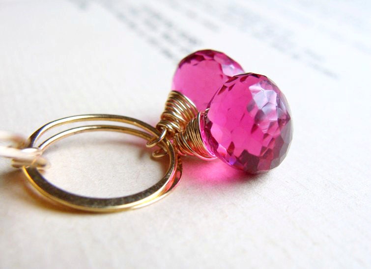 Pink Quartz Earrings Pink Dangle Earrings Minimalist Earrings Hot Pink Quartz Magenta Pink Gemstone 14k Gold Filled CHLOE earrings