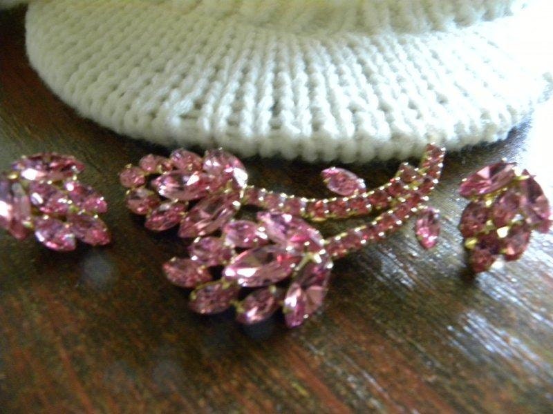 Crystal AB Pink Floral Brooch and Matching Earrings