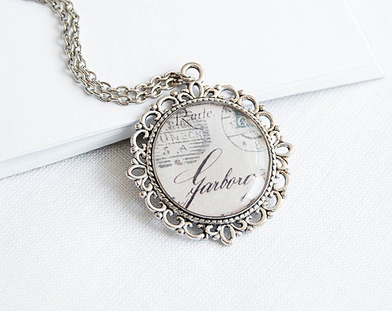 Old postcard pendant necklace, white vintage style jewelry, charm necklace