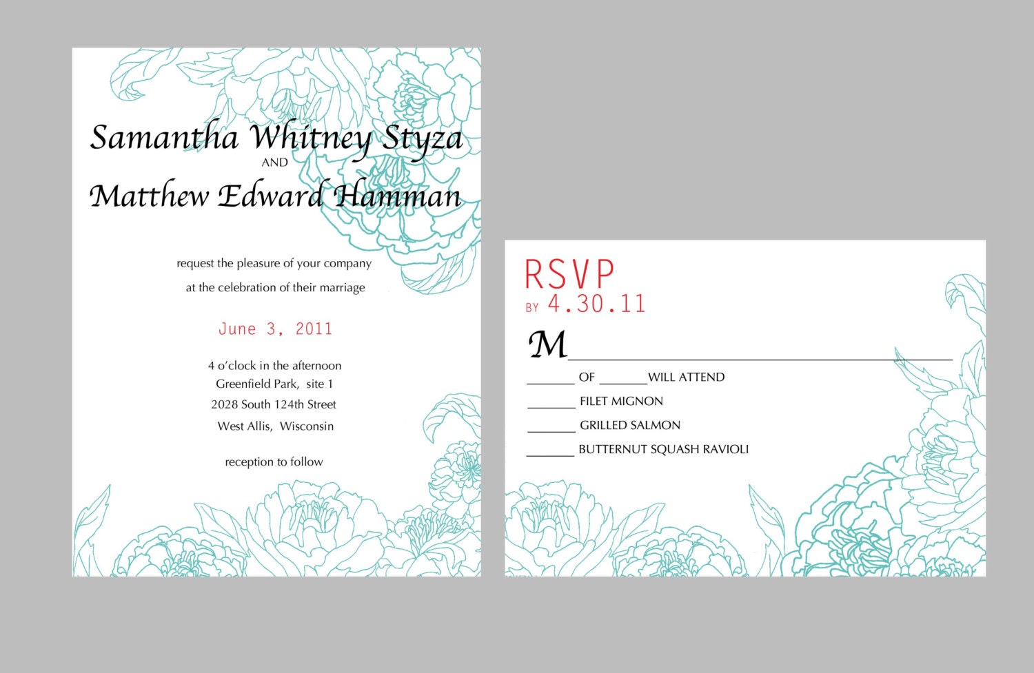 peony floral wedding invitation SAMPLE suite - save the dates, invitations, response cards, reception cards, programs, thank you cards