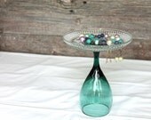 Teal Jewelry Holder Glass Vintage Retro 1980s Dark Aqua Dresser Display Freestanding Organizer Cottage Chic-US Shipping Included