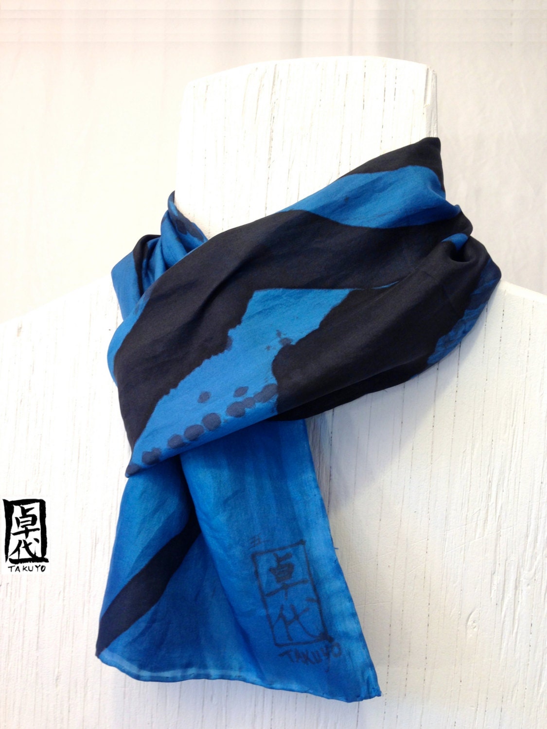 Mens Silk Scarf. Blue silk scarf Japanese by SilkScarvesTakuyo