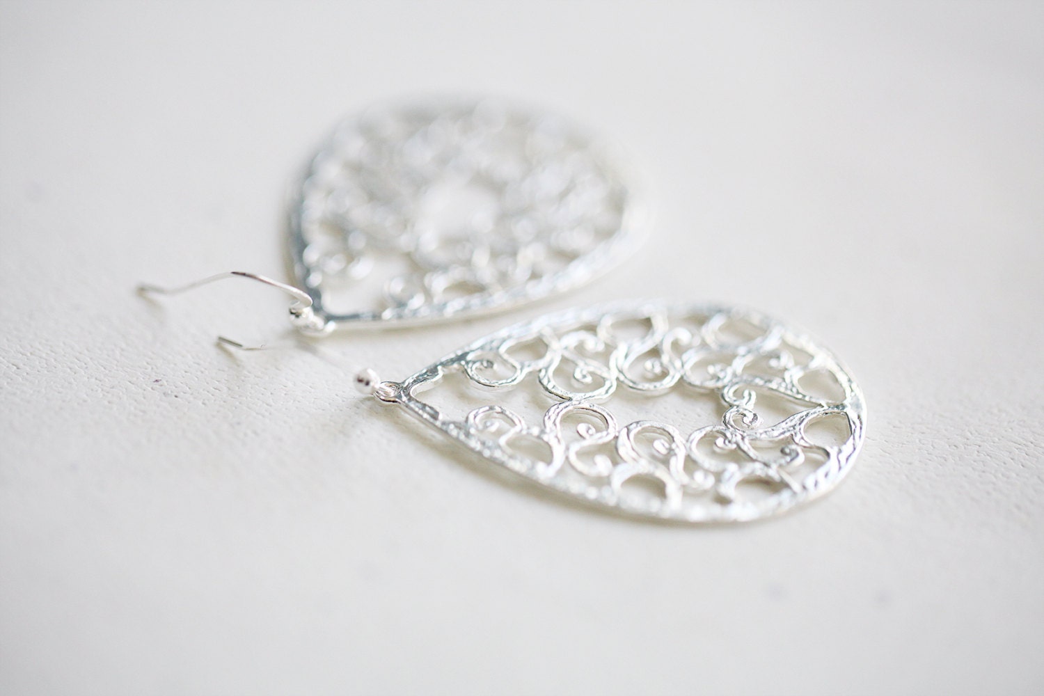 Silver Teardrop Earrings - large sterling silver tear drop filigree, silver leaf chandelier jewelry
