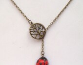 Antiqued Brass Tree Porcelain Ladybug Lariat Necklace