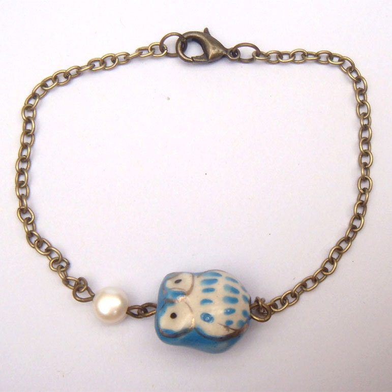 Antiqued Brass Porcelain Owl Pearl Bracelet