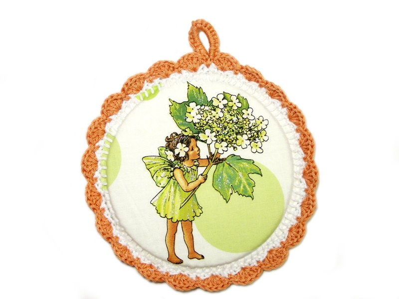 Fairy Tale - Fabric Picture in a Crochet frame - Wall art for kids room - Apple fairy fabric