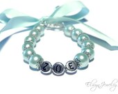 Name Bracelet, Personalized Child Pearl Bracelet, Mint, Charm, Bow, Little Girl, Flower Girl Jewerly