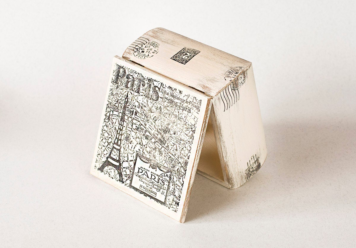 Paris  Wooden Box, Treasury  Box ,  Jewelry box , distressed box ,eiffel tower, vintage  5.2 "x 5.2 " x 3 " - MyHouseOfDreams
