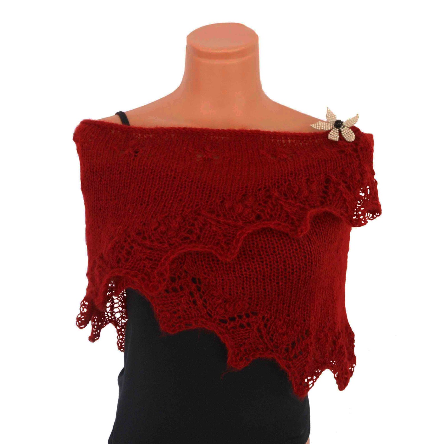 Deep red/ Burgundy/ Triangle Handknit lace shawl